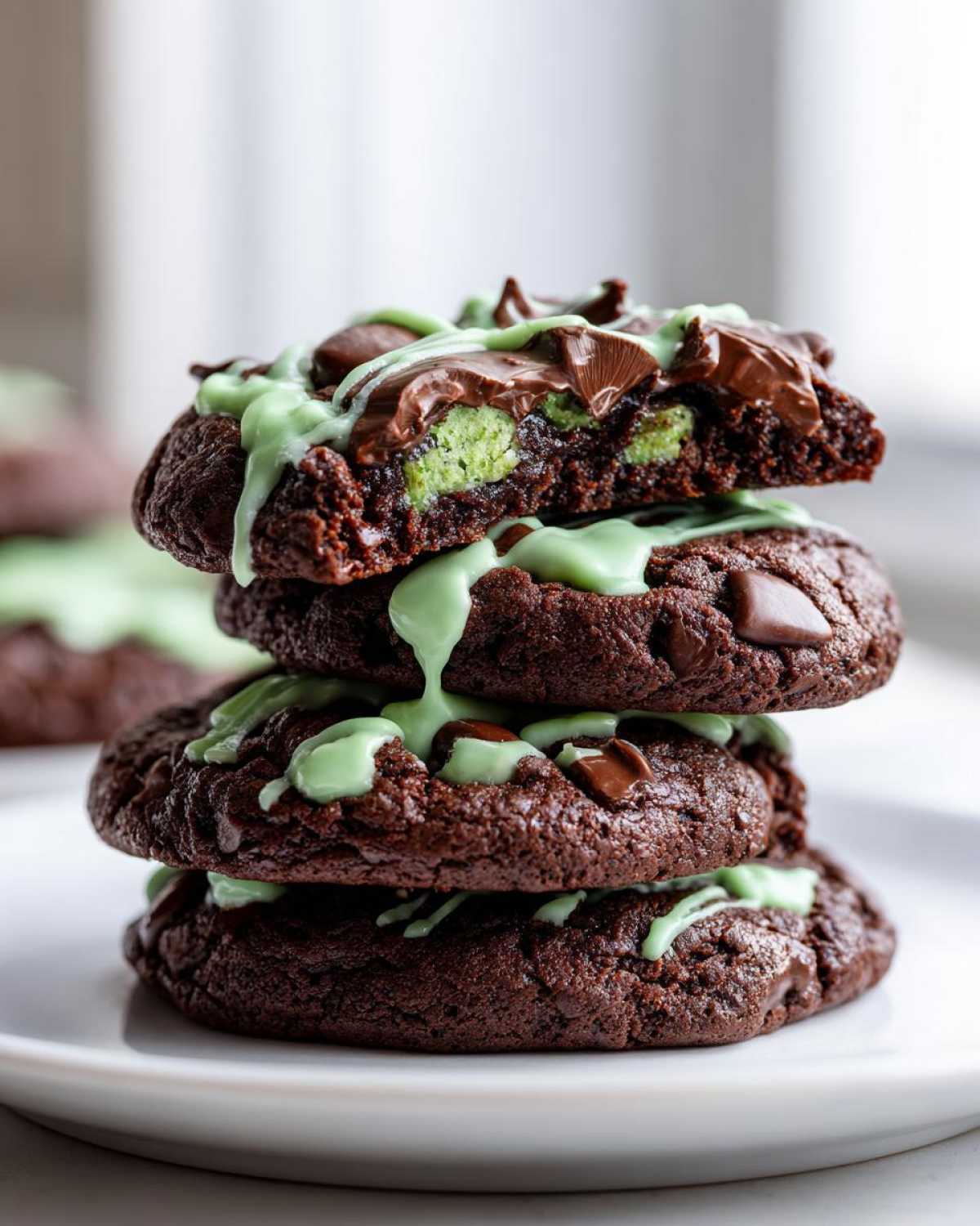 A stack of three rich, dark chocolate Andes Mint Cookies drizzled with light green mint icing.