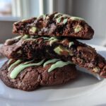 Stack of rich, fudgy Andes mint cookies, drizzled with mint icing and showing melted chocolate chips inside.