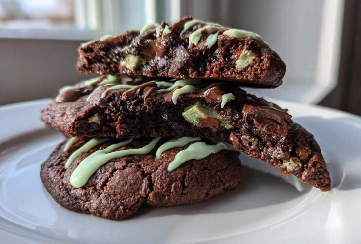 Stack of rich, fudgy Andes mint cookies, drizzled with mint icing and showing melted chocolate chips inside.