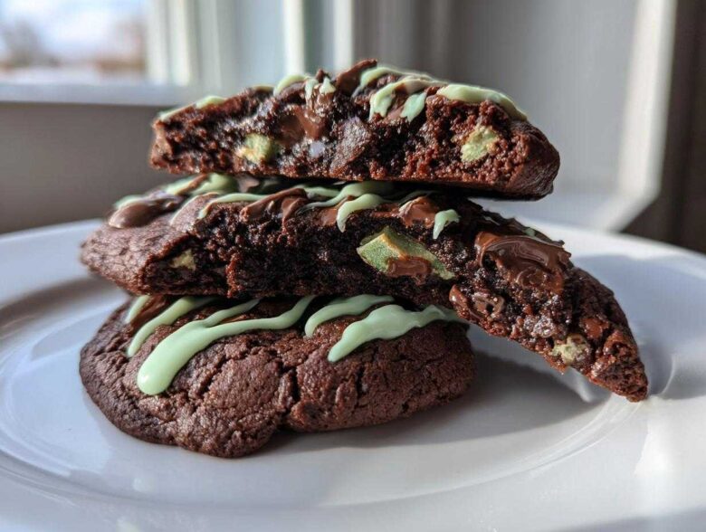 Stack of rich, fudgy Andes mint cookies, drizzled with mint icing and showing melted chocolate chips inside.