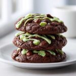 A stack of three rich, dark chocolate Andes Mint cookies drizzled with mint green icing and topped with chocolate chips.