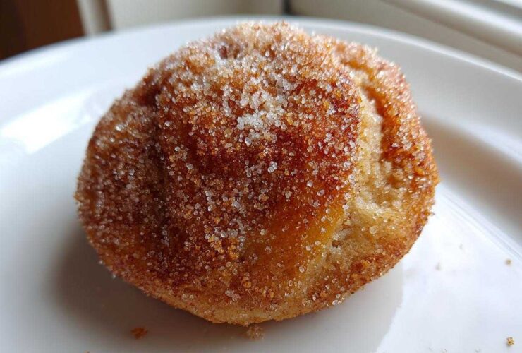 A single, round apple pie cookies heavily coated in sparkling cinnamon sugar, resting on a white plate.