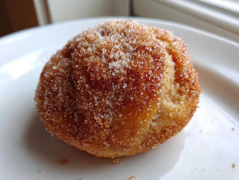 A single, round apple pie cookies heavily coated in sparkling cinnamon sugar, resting on a white plate.