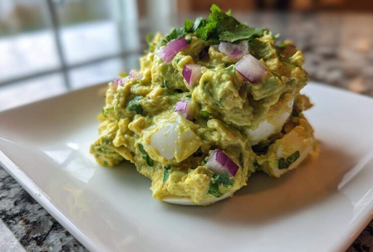 Close-up of a mound of creamy avocado egg salad mixed with chopped red onion and cilantro, served on a white plate.