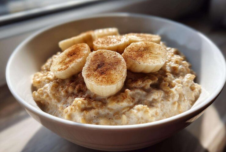 A close-up shot of creamy banana oatmeal topped with sliced bananas and sprinkled with cinnamon.