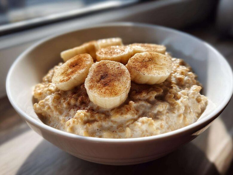 A close-up shot of creamy banana oatmeal topped with sliced bananas and sprinkled with cinnamon.