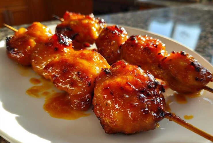 Close-up of glistening, caramelized bang bang chicken skewers served on a white plate.