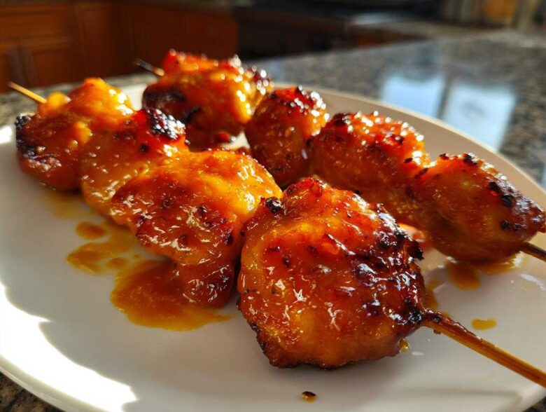 Close-up of glistening, caramelized bang bang chicken skewers served on a white plate.