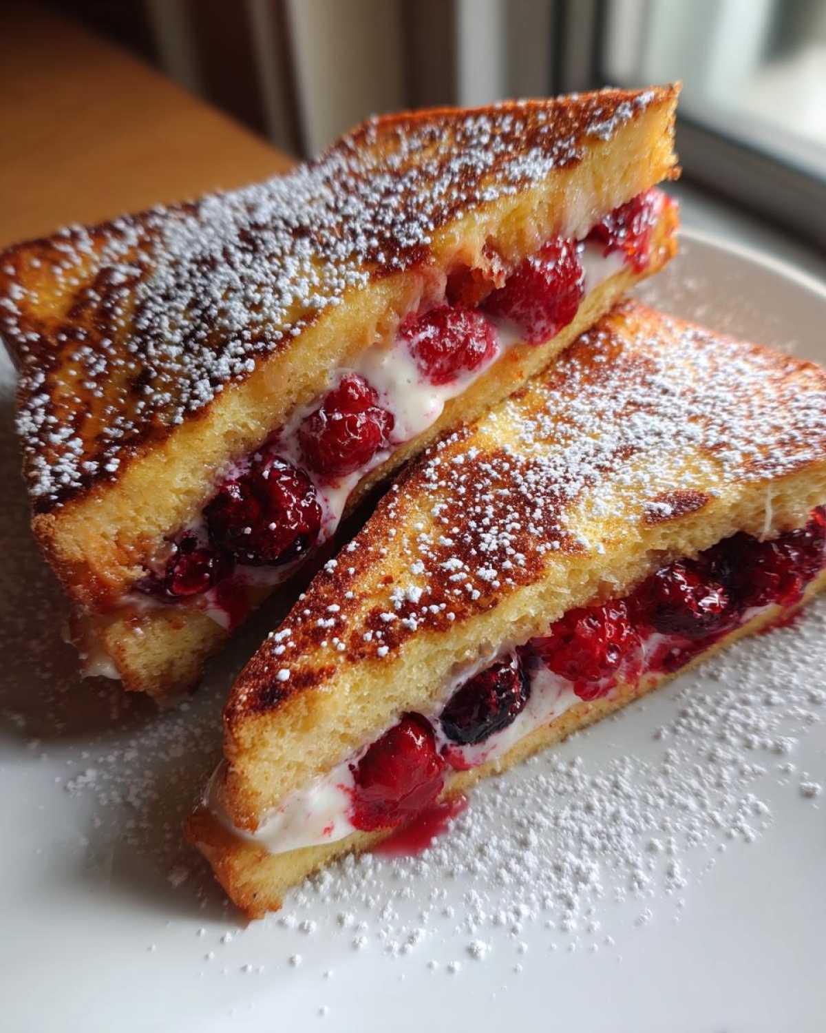 Two halves of berry stuffed french toast filled with cream cheese and raspberries, dusted heavily with powdered sugar.