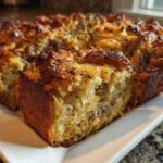 A slice cut from a golden-brown baked sausage stuffing recipe, showing texture and herbs.