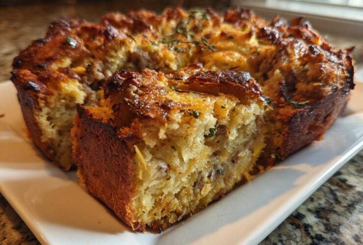 A slice cut from a golden-brown baked sausage stuffing recipe, showing texture and herbs.