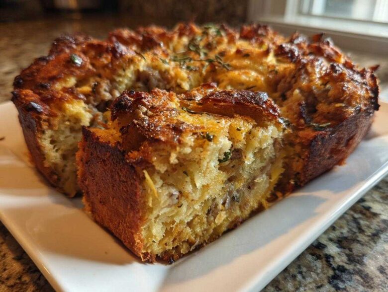 A slice cut from a golden-brown baked sausage stuffing recipe, showing texture and herbs.