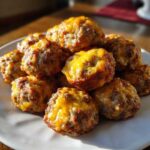 A pile of freshly baked, golden brown bisquick sausage balls topped with melted cheddar cheese on a white plate.
