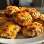 A close-up of several golden brown Bisquick sausage balls topped with melted, slightly browned cheddar cheese.