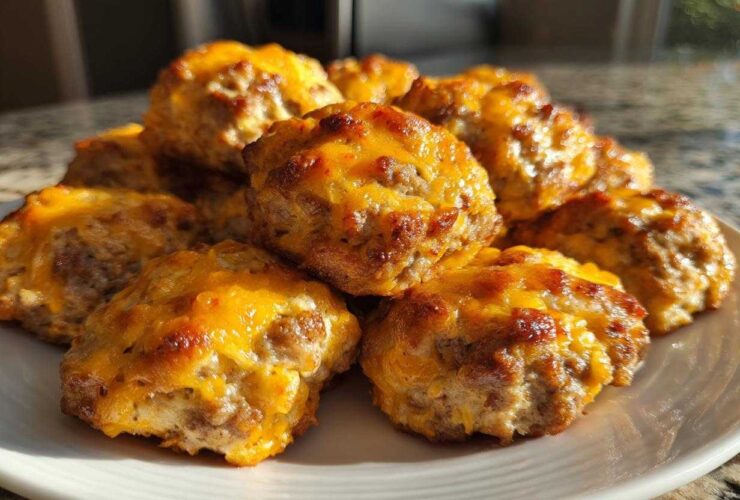 A close-up of several golden brown Bisquick sausage balls topped with melted, slightly browned cheddar cheese.