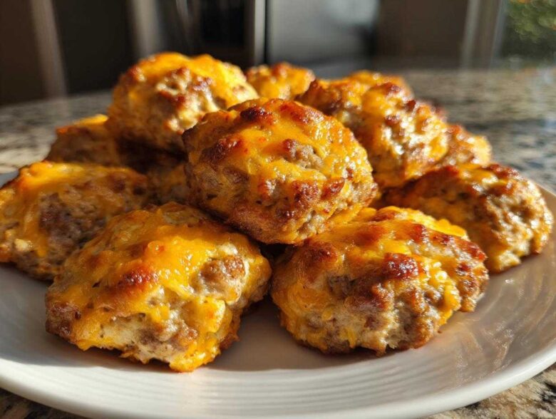A close-up of several golden brown Bisquick sausage balls topped with melted, slightly browned cheddar cheese.