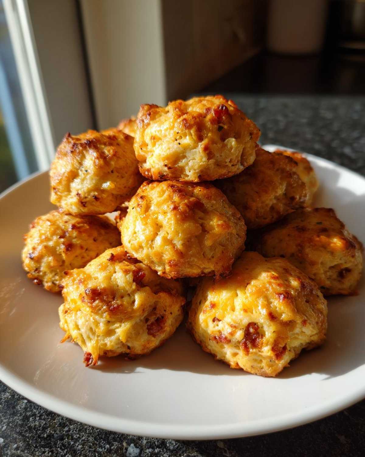 A stack of freshly baked, golden brown bisquick sausage balls piled high on a white plate.