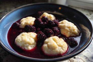 A close-up of fluffy dumplings served in a rich, dark purple sauce with whole fresh blackberries, showcasing the Blackberry Dumplings.