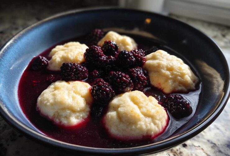 A close-up of fluffy dumplings served in a rich, dark purple sauce with whole fresh blackberries, showcasing the Blackberry Dumplings.