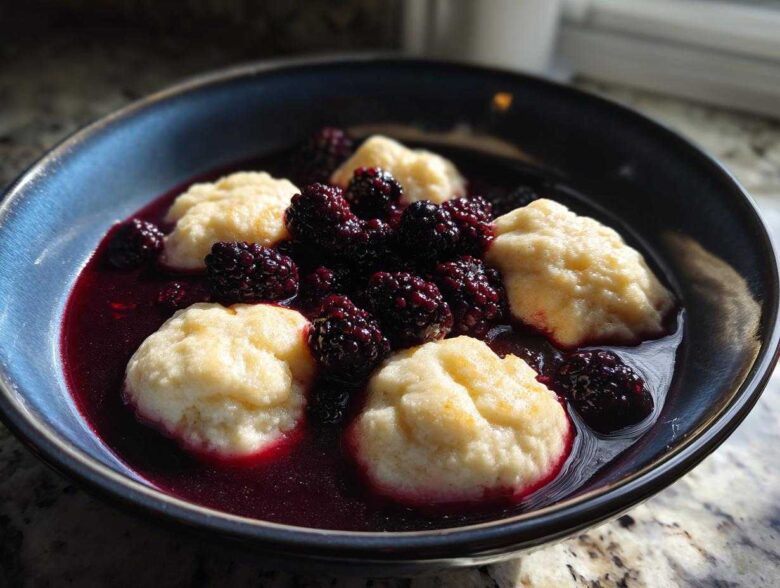 A close-up of fluffy dumplings served in a rich, dark purple sauce with whole fresh blackberries, showcasing the Blackberry Dumplings.