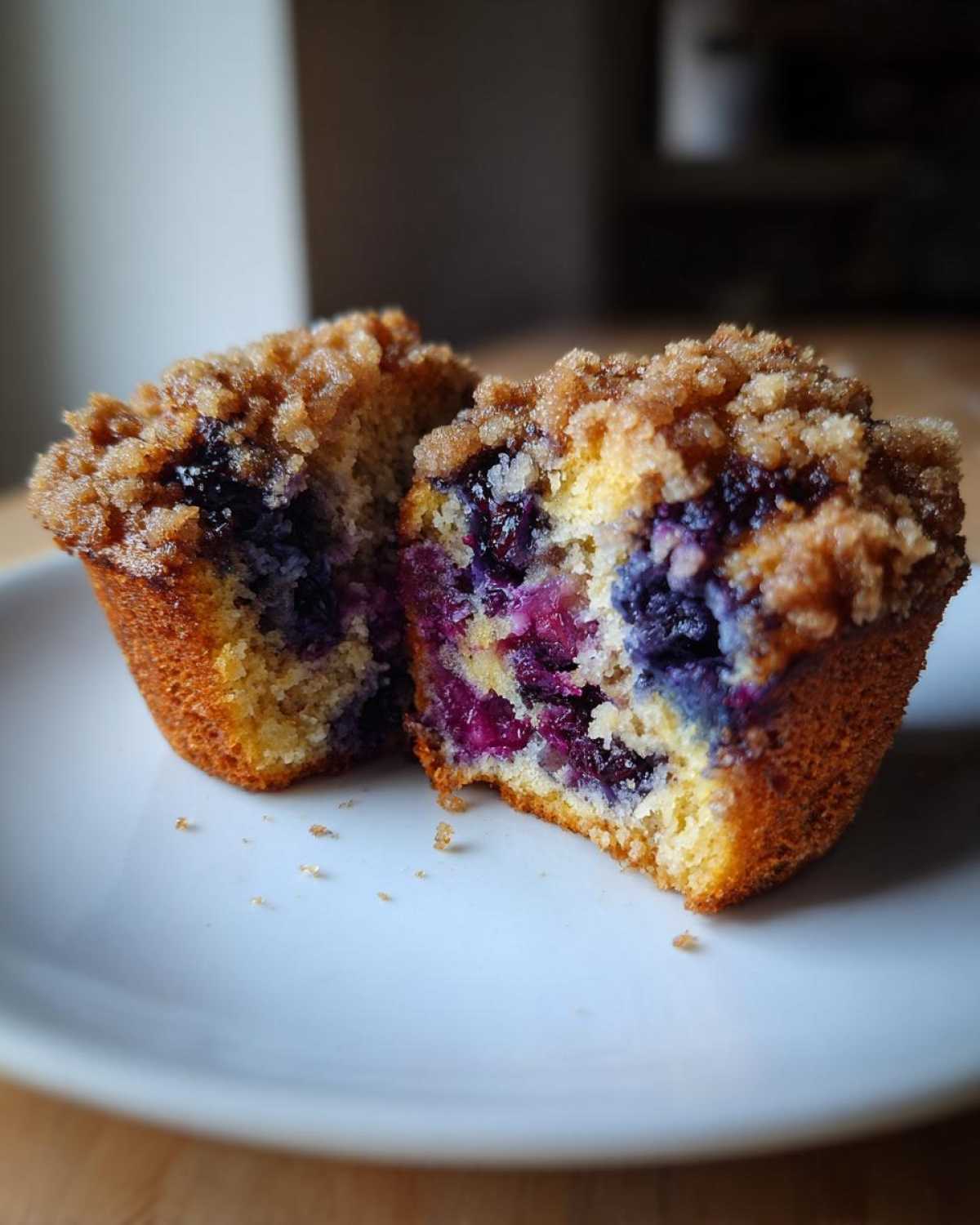 A blueberry muffin cut in half showing the moist interior packed with blueberries and a crumb topping.