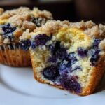 Close-up of a moist blueberry muffin cut in half, showing juicy blueberries and a brown sugar crumb topping.