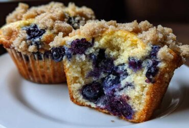 Close-up of a moist blueberry muffin cut in half, showing juicy blueberries and a brown sugar crumb topping.