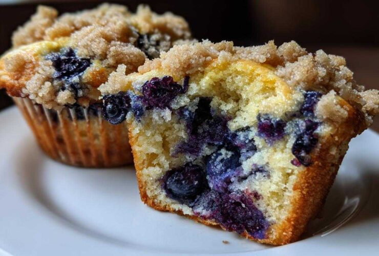 Close-up of a moist blueberry muffin cut in half, showing juicy blueberries and a brown sugar crumb topping.