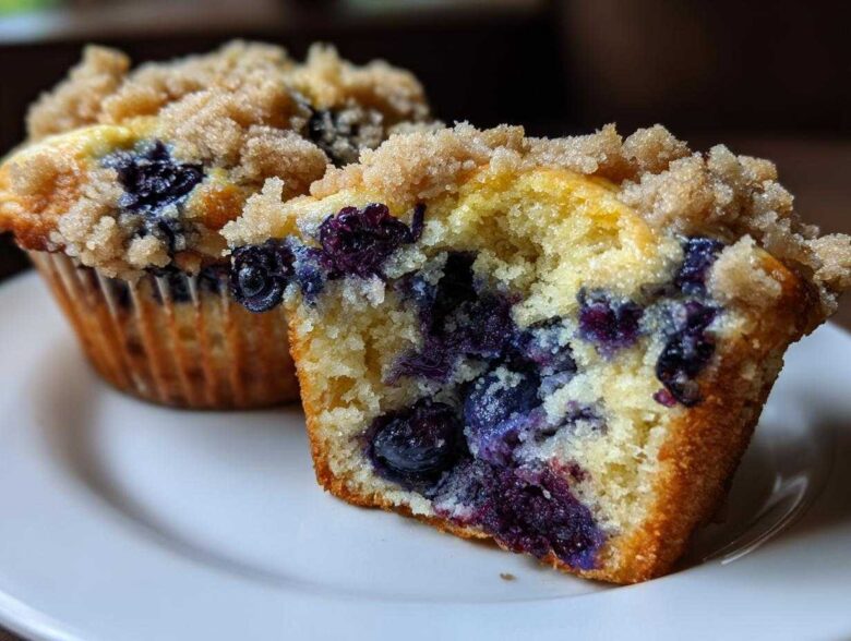 Close-up of a moist blueberry muffin cut in half, showing juicy blueberries and a brown sugar crumb topping.