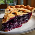 Close-up of a thick slice of homemade blueberry pie recipe, showing juicy filling and golden lattice crust.