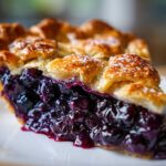 Close-up of a thick slice of homemade blueberry pie recipe showing juicy filling and flaky lattice crust.