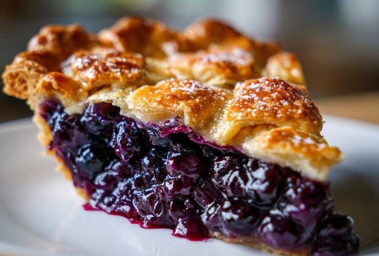 Close-up of a thick slice of homemade blueberry pie recipe showing juicy filling and flaky lattice crust.
