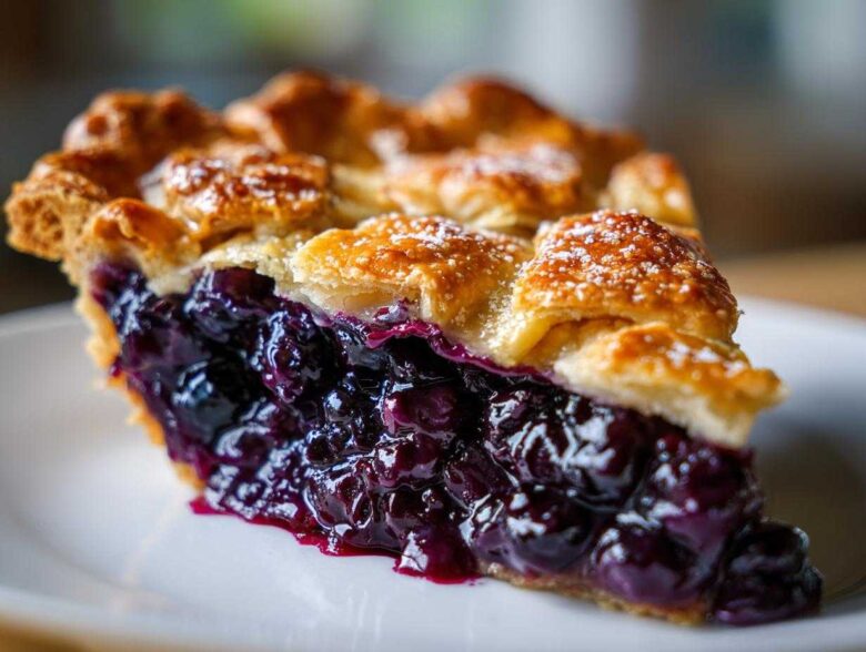 Close-up of a thick slice of homemade blueberry pie recipe showing juicy filling and flaky lattice crust.