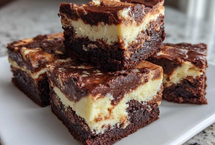 Four rich, layered squares of brownie refrigerator cake featuring dark chocolate and creamy cheesecake layers.