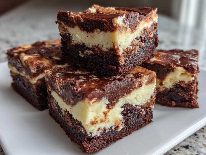 Four rich, layered squares of brownie refrigerator cake featuring dark chocolate and creamy cheesecake layers.