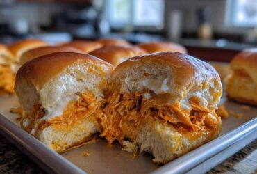 A close-up of a buffalo chicken sliders sandwich cut in half, showing shredded chicken coated in orange sauce and melted white cheese.