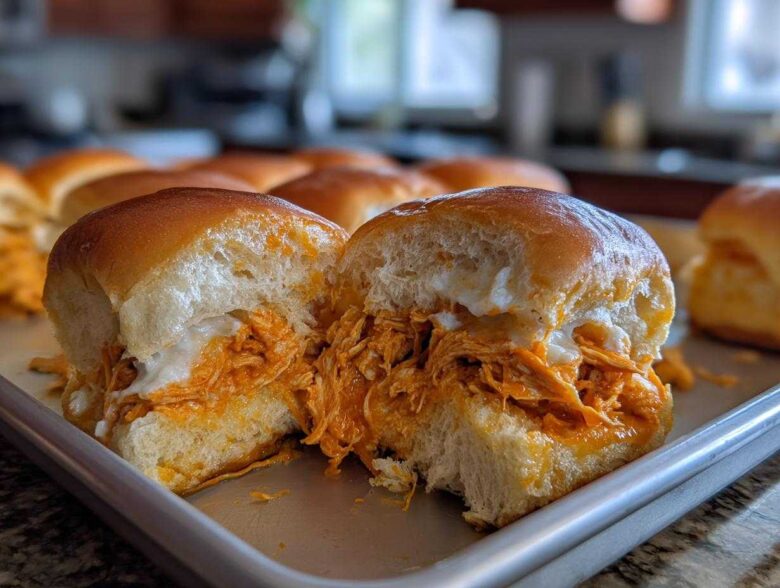 A close-up of a buffalo chicken sliders sandwich cut in half, showing shredded chicken coated in orange sauce and melted white cheese.