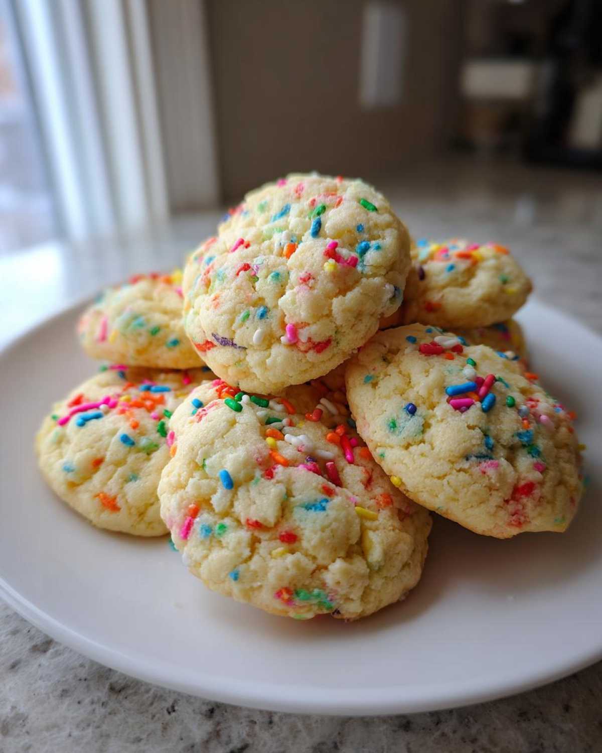A stack of soft, pale yellow cake batter cookies loaded with colorful rainbow sprinkles, served on a white plate.