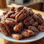 A mound of freshly made candied pecans coated heavily in sparkling sugar crystals on a white plate.