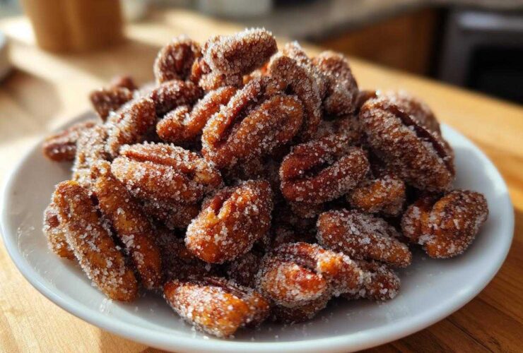 A mound of freshly made candied pecans coated heavily in sparkling sugar crystals on a white plate.