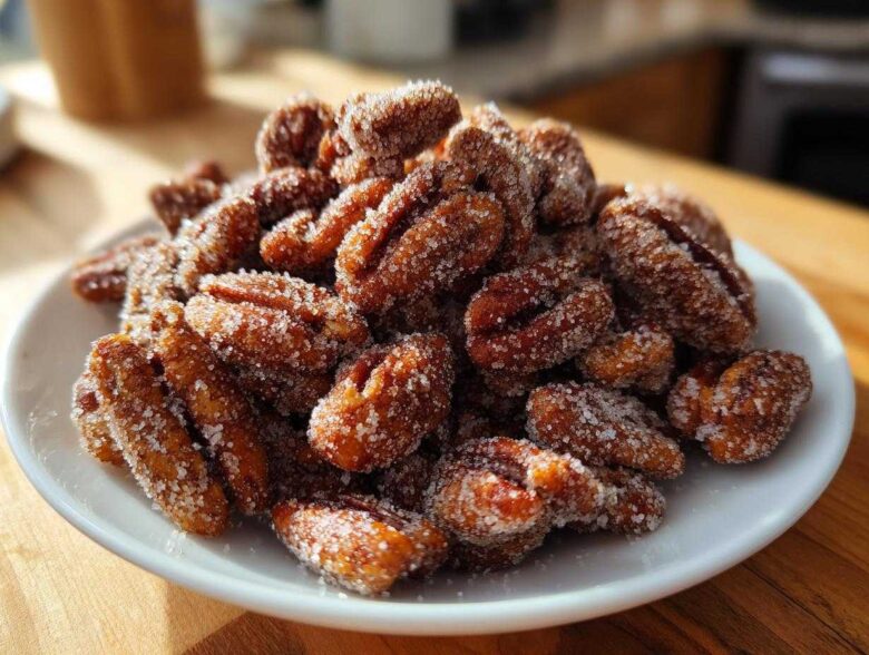 A mound of freshly made candied pecans coated heavily in sparkling sugar crystals on a white plate.