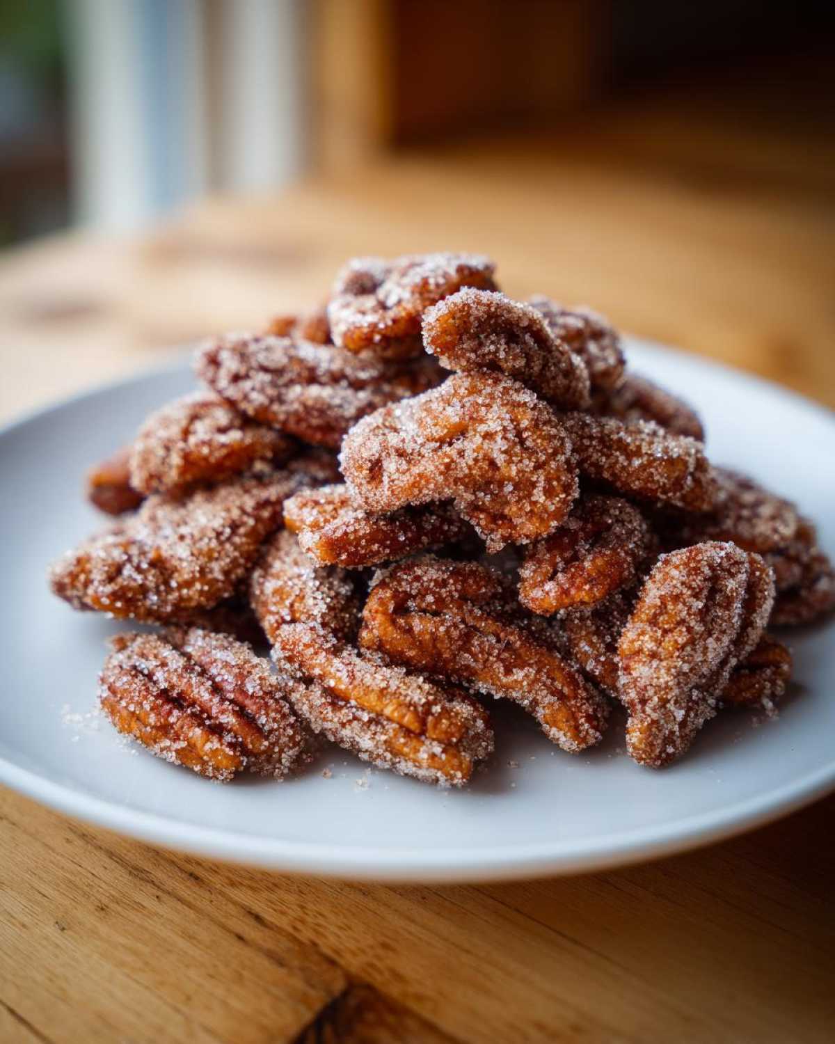 A close-up of a mound of freshly made candied pecans recipe nuts coated heavily in sparkling sugar crystals on a white plate.