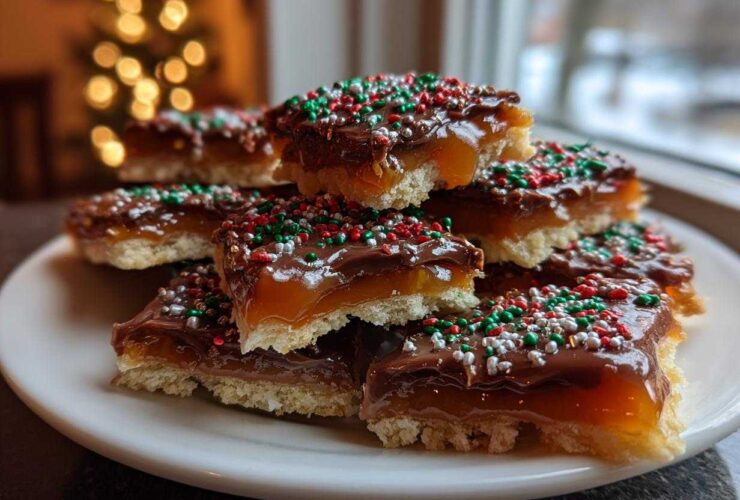 Stack of Caramel Ritz Cracker Christmas Cookies topped with chocolate and festive sprinkles, set against a blurred holiday background.