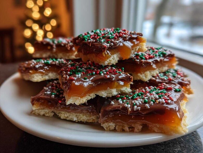 Stack of Caramel Ritz Cracker Christmas Cookies topped with chocolate and festive sprinkles, set against a blurred holiday background.