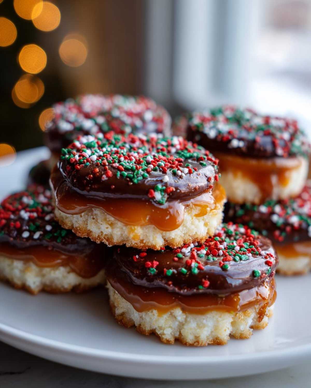A stack of Caramel Ritz Cracker Christmas Cookies topped with chocolate and festive red, green, and white sprinkles.