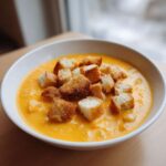 A close-up of a bowl of vibrant orange cheese soup topped generously with golden brown croutons.