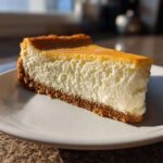 A close-up of a thick, creamy slice of baked cheesecake recipe on a white plate, catching sunlight.