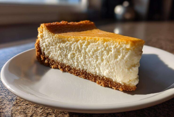 A close-up of a thick, creamy slice of baked cheesecake recipe on a white plate, catching sunlight.