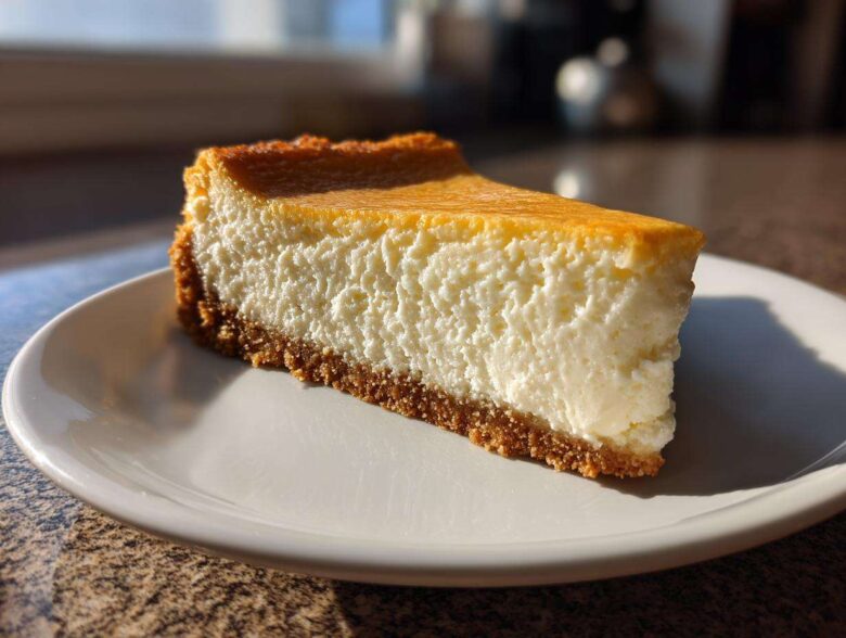 A close-up of a thick, creamy slice of baked cheesecake recipe on a white plate, catching sunlight.