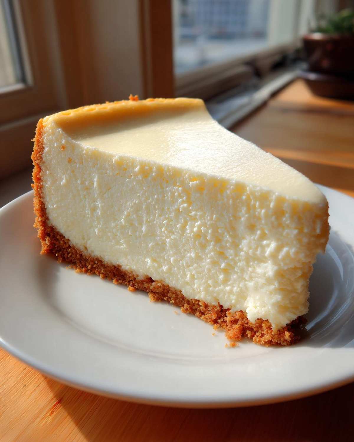 A thick, creamy slice of classic cheesecake with a graham cracker crust served on a white plate.